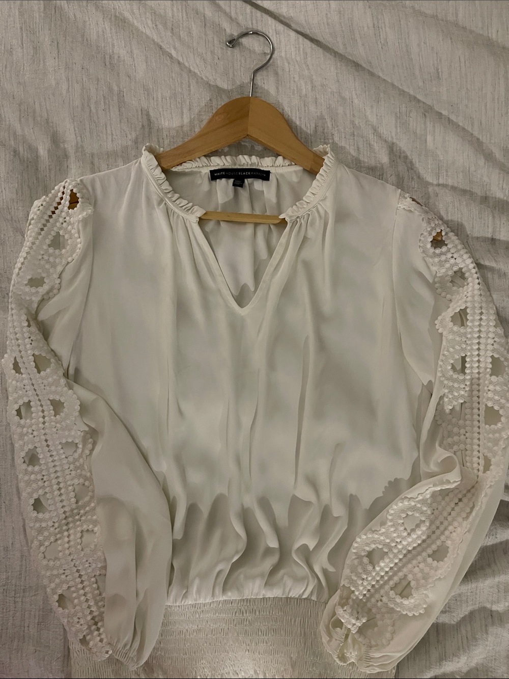 White House Black Market Ivory Crochet-Trim V-Neck Blouse